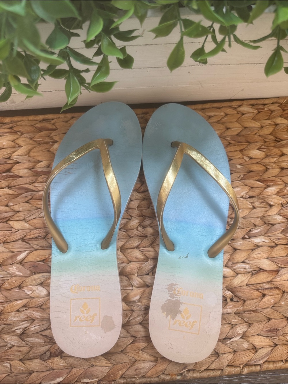 Corona Gold Strap Blue Ombre Flip Flops by Reef with Bottle Opener Bottom